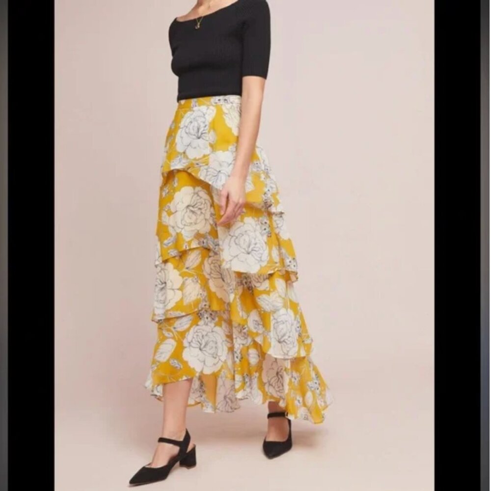 Anthropologie Mosier Tiered Maxi Yellow and White Floral Skirt